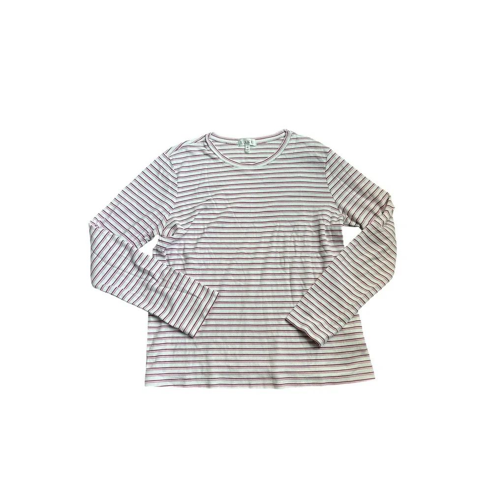 LAKE White Red Striped Pima Cotton Pajama Set Crew Long Sleeve Wide Leg Medium